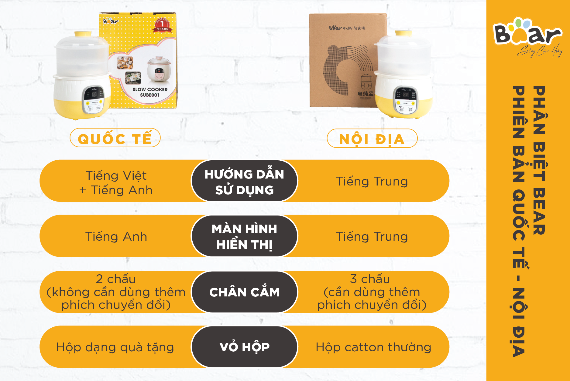 (BẢN QUỐC TẾ) NỒI NẤU CHÁO, NINH, HẦM, HẤP CÁCH THỦY BEAR 0.8L