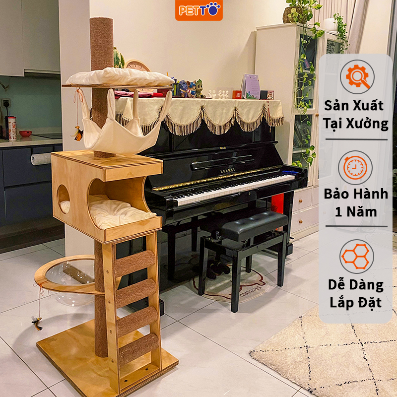 Nhà cho mèo PETTO nhà mèo bằng GỖ cao cấp có LỒNG KÍNH xinh xắn nhiều không gian leo trèo kết hợp decor nhà CH020