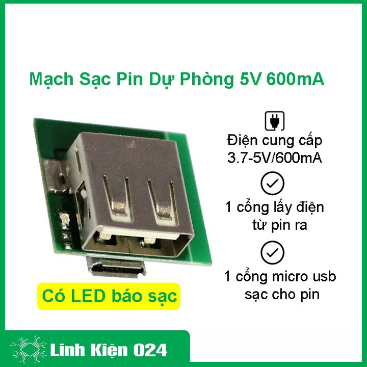 Mạch sạc pin dự phòng bản nâng cấp 5v-600ma mini có led báo sạc