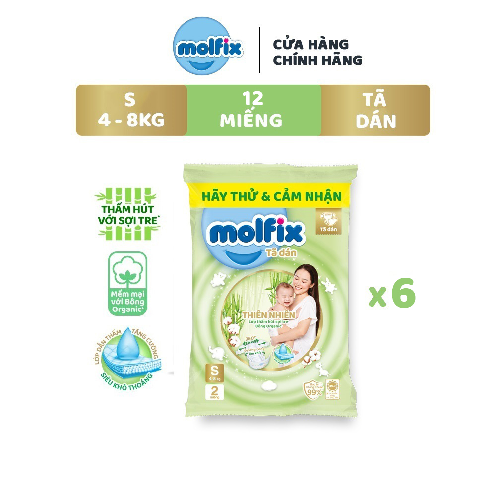 12 miếng Tã/ bỉm dán Molfix Thiên nhiên S (4kg - 8kg)