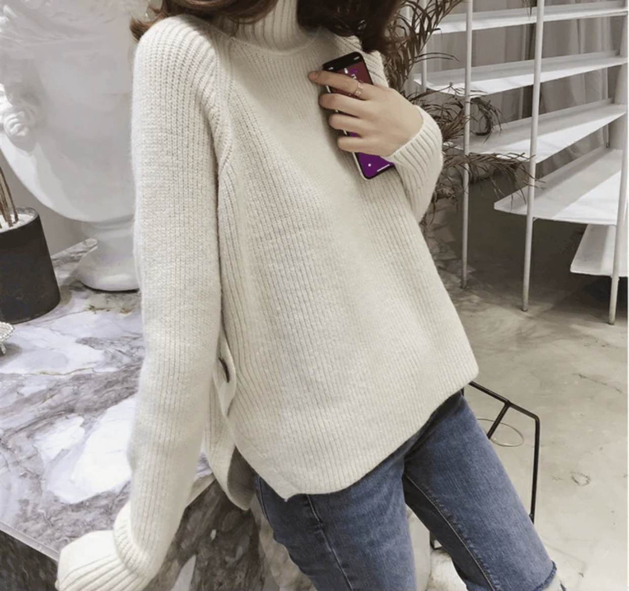 Ms332 áo len cổ 3p xẻ tà đính cúc sườn