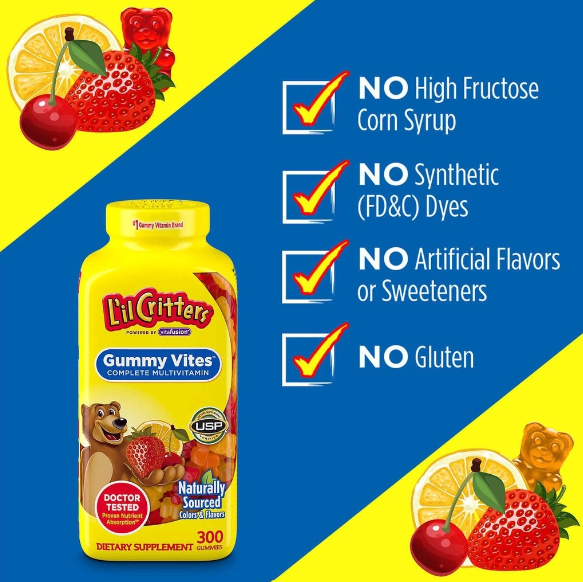 Kẹo dẻo vitamin tổng hợp L'il Critters Gummy Vites hộp 300 viên bổ sung vitamin A, B, C, D E từ trái cây Mỹ quatangme.com.vn