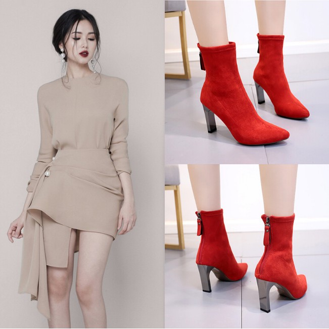 [HCM]Giày Boot Nữ Cổ Lửng Đế 8Cm Da Lộn Màu Đỏ GBMN-01R2