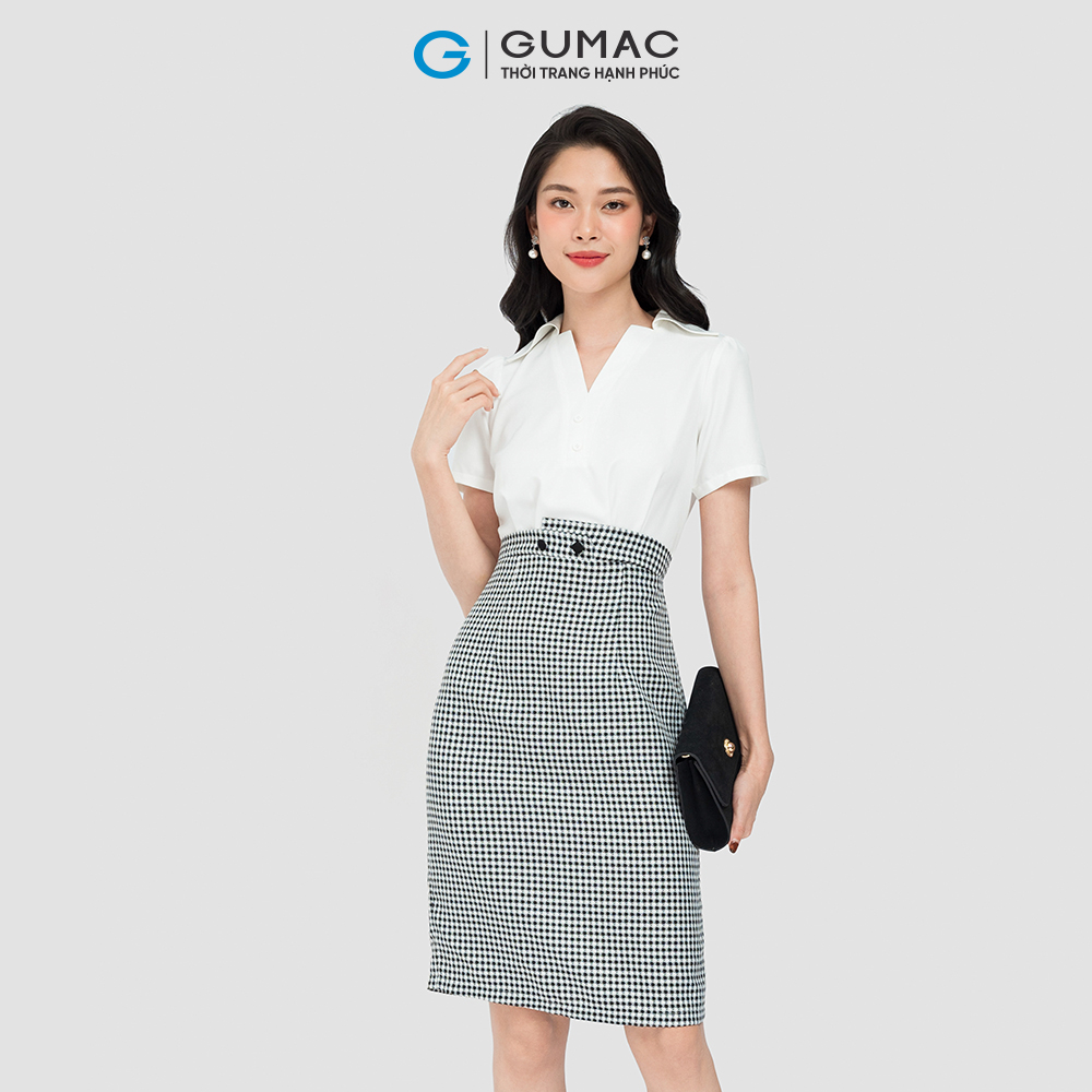 Đầm dáng A công sở GUMAC DD08025 cổ sơ mi, eo kiểu đính nút