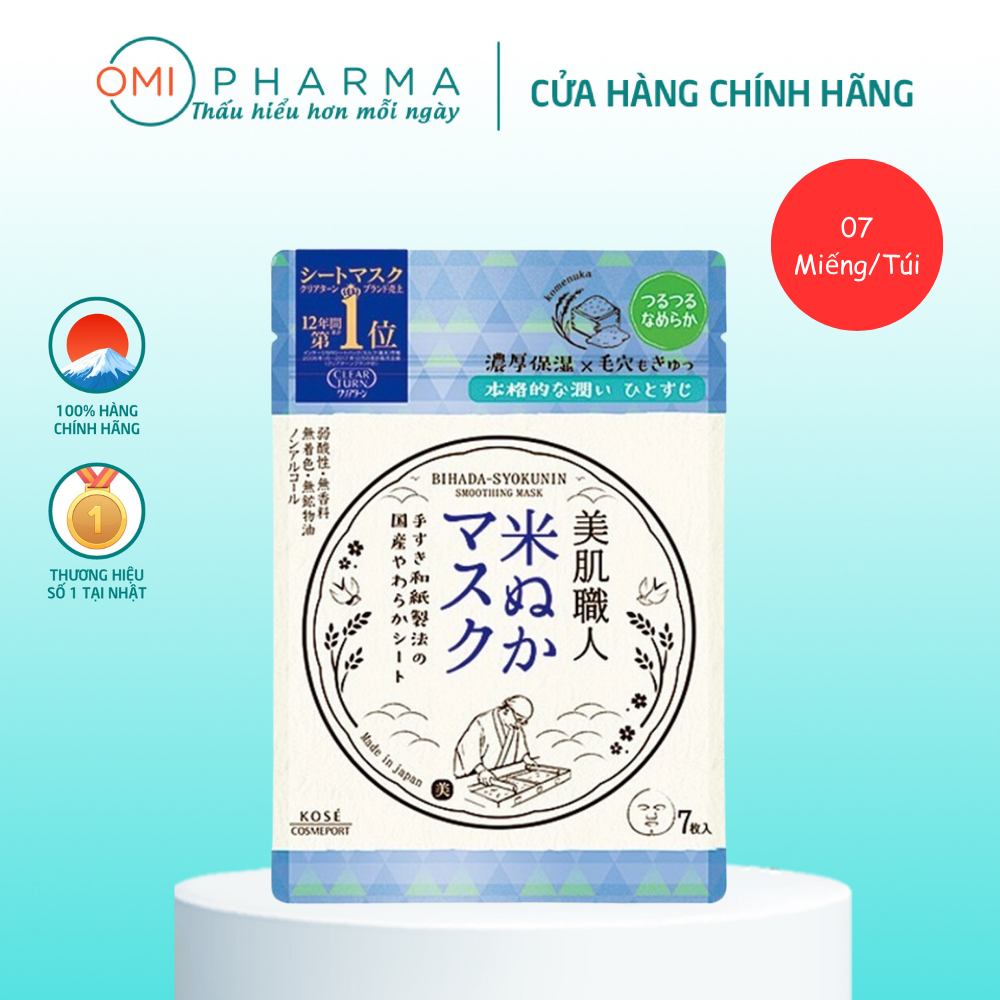 Mặt nạ dưỡng sáng, dưỡng ẩm siêu mềm mịn bihada-syokunin kose nhật bản clear turn 7 miếng