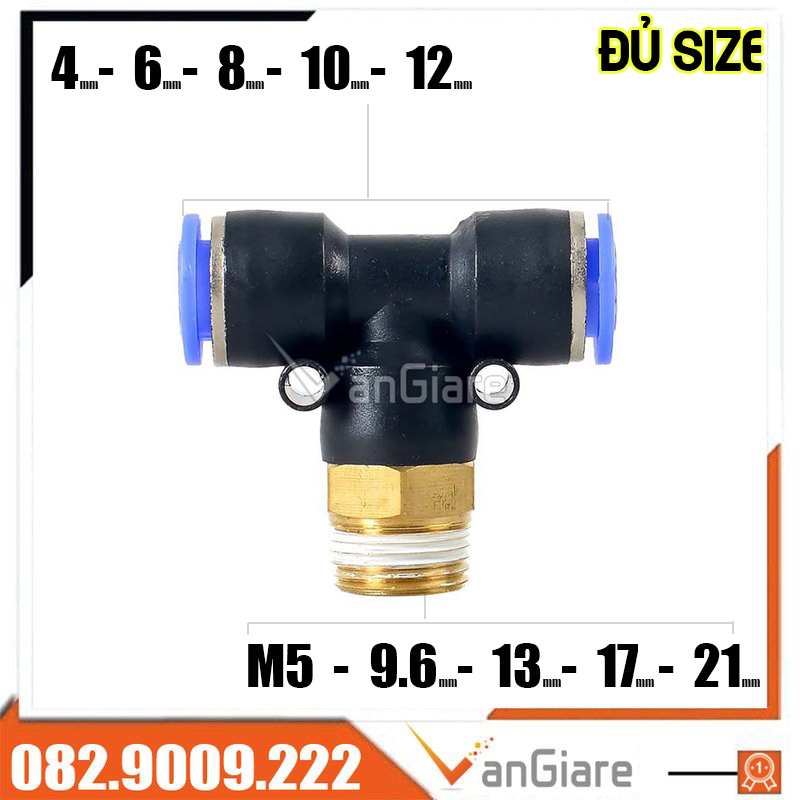 Đầu nối nhanh khí nén 3 ngã kiểu T ren ngoài PB cho ống 4mm 6mm 8mm 10mm 12mm