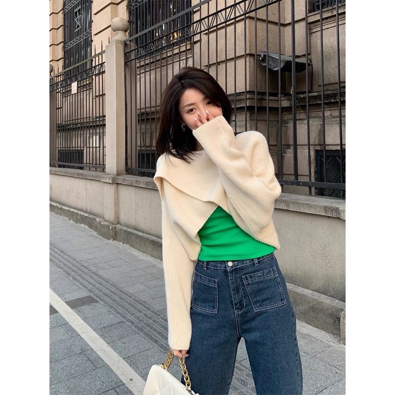 áo len vạt chéo dáng lửng croptop tay suông