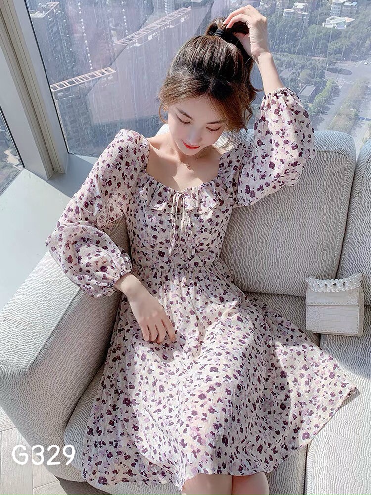 Đầm xoè voan lụa hoa nhí vintage nhấn eo G329