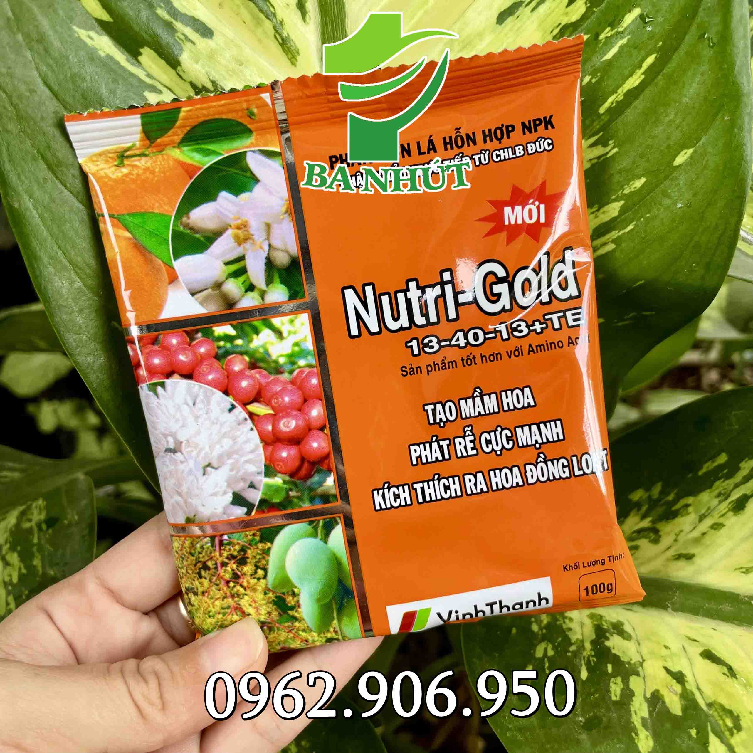 Phân bón lá nutri-gold 13-40-13+te gói 100g phân hóa mầm hoa, tạo búp, tạo nụ mai vàng