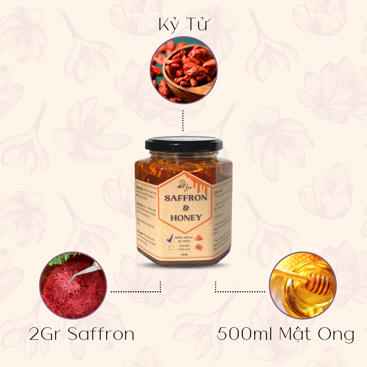 Saffron ngâm mật ong kỷ tử BeeBeauty chính hãng, nhụy hoa nghệ tây mật ong nguyên chất thượng hạng 200ml 500ml