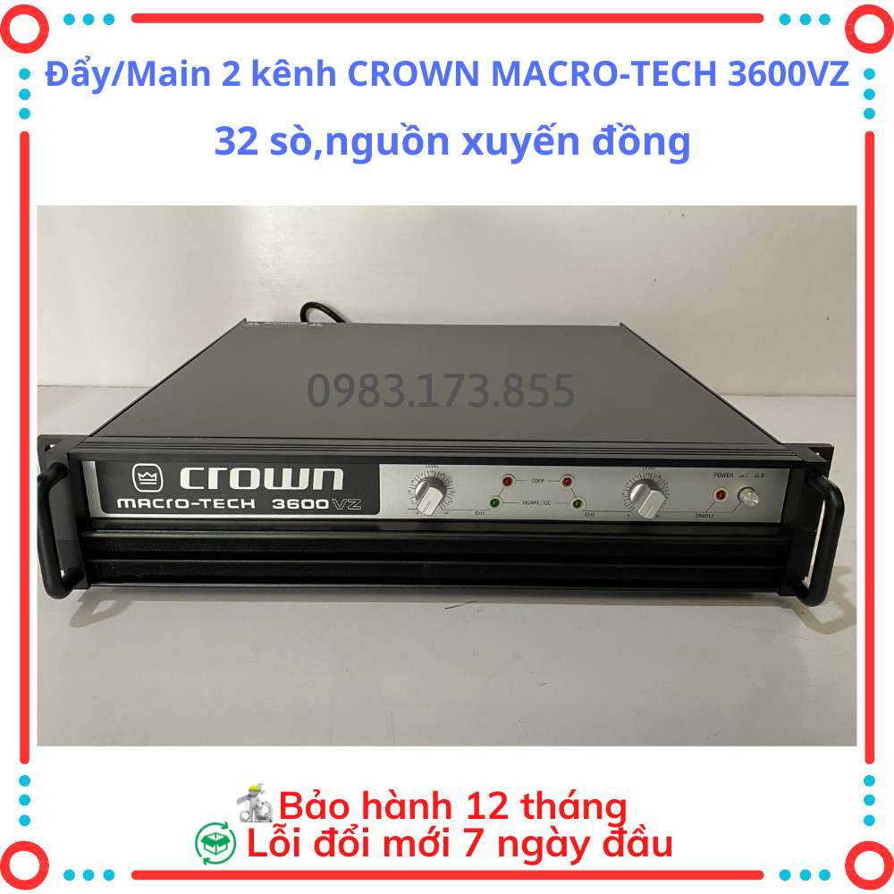 Cục đẩy công suất 2 kênh, main Crown 3600 VZ ,nhập khẩu nguyên chiếc, 32 sò công suất 800W/Kênh, Nguồn đồng.