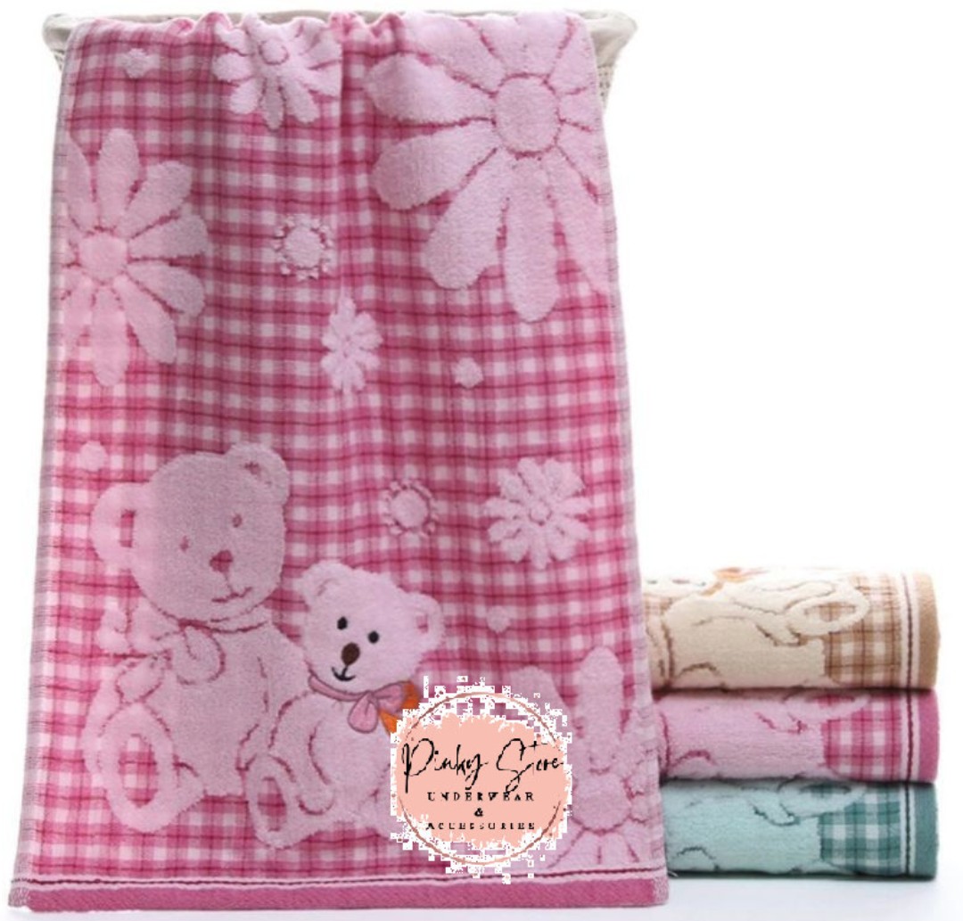 Khăn tắm in hình Gấu Bông 100% Cotton, khăn mềm mịn thấm hút tốt không xù lông bai màu kích 37x74cm, khăn tắm gia đình