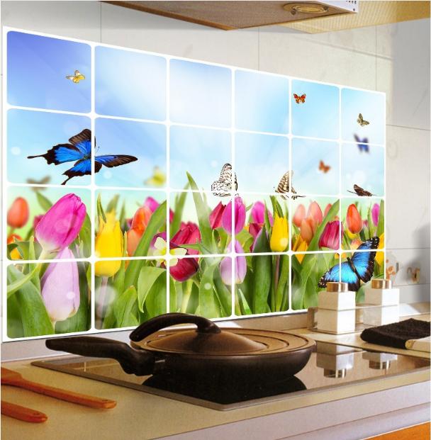 Decal nhôm dán bếp hoa tulip hồng