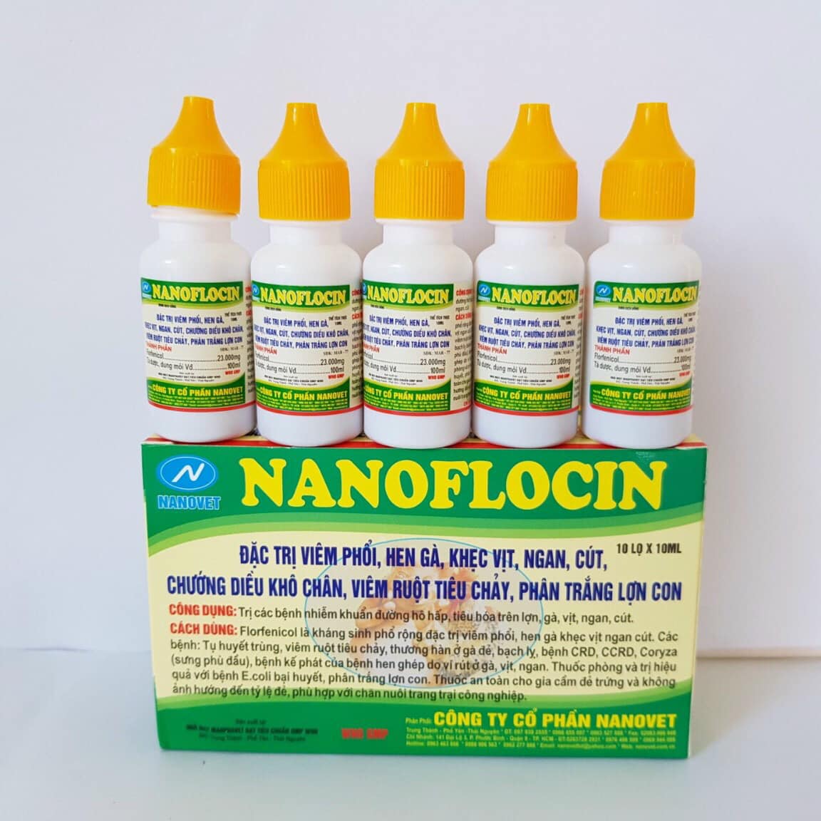 5 lọ nanoflocin (5ml/lọ) nhỏ gà khò khè,sưng phù đầu phân xanh phân trắng,tụ huyết trùng cho gà tơ gà đá.