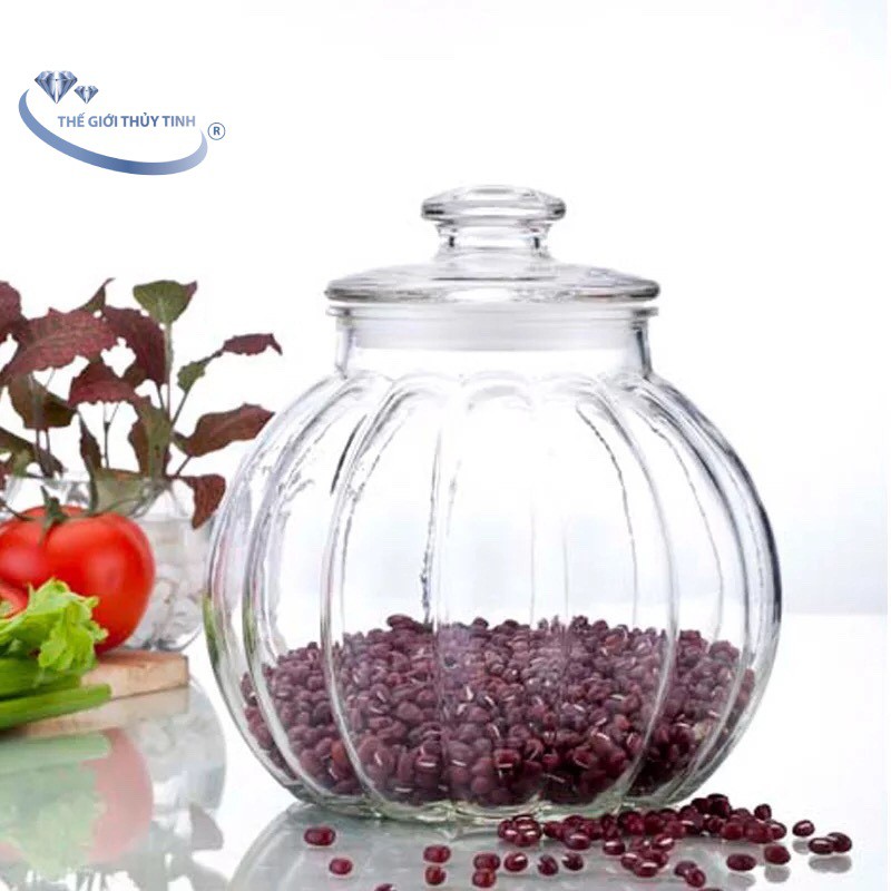 Hủ thủy tinh 2000ml ( 2 Lít) hình trái bí đựng gia vị các loại hạt. Hộp đựng thức phẩm có nắp an toàn - dung tích 2 lít