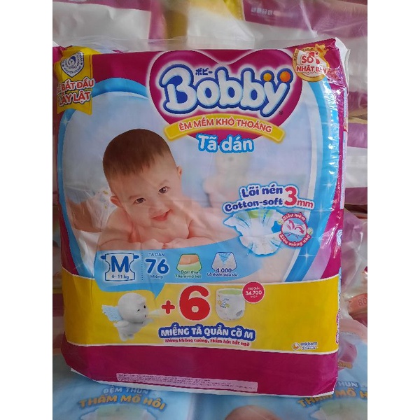 Tã dán bobby mẫu mới size M 76 miếng tặng thêm 6 miếng tả quần  cho bé 6-11kgtã bobby dán size L 68 miếng cho bé 9-13kg