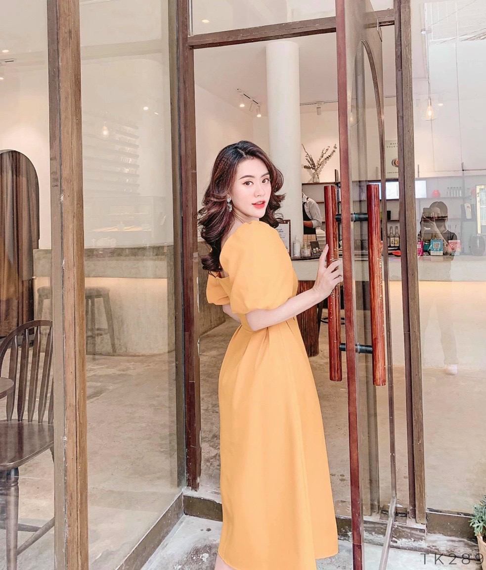 Đầm cổ vuông tay bồng 4 màu
