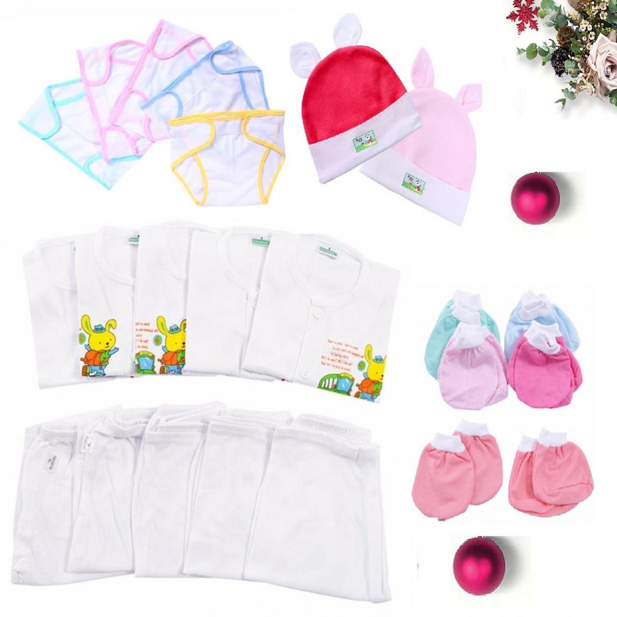 [HCM]27 Món Đồ Dùng màu chuẩn bị sinh Cho Bé Sơ Sinh (5 Áo tay dài + 5 Quần Dài + 10 Bao Tay Chân + 2 Nón + 5 Tã)