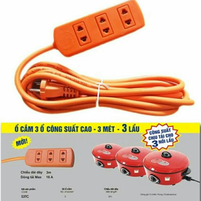 Ổ cắm điện lioa 3 ổ công suất lớn chịu tải 3 nồi lẩu s3tc 3m - s3tc