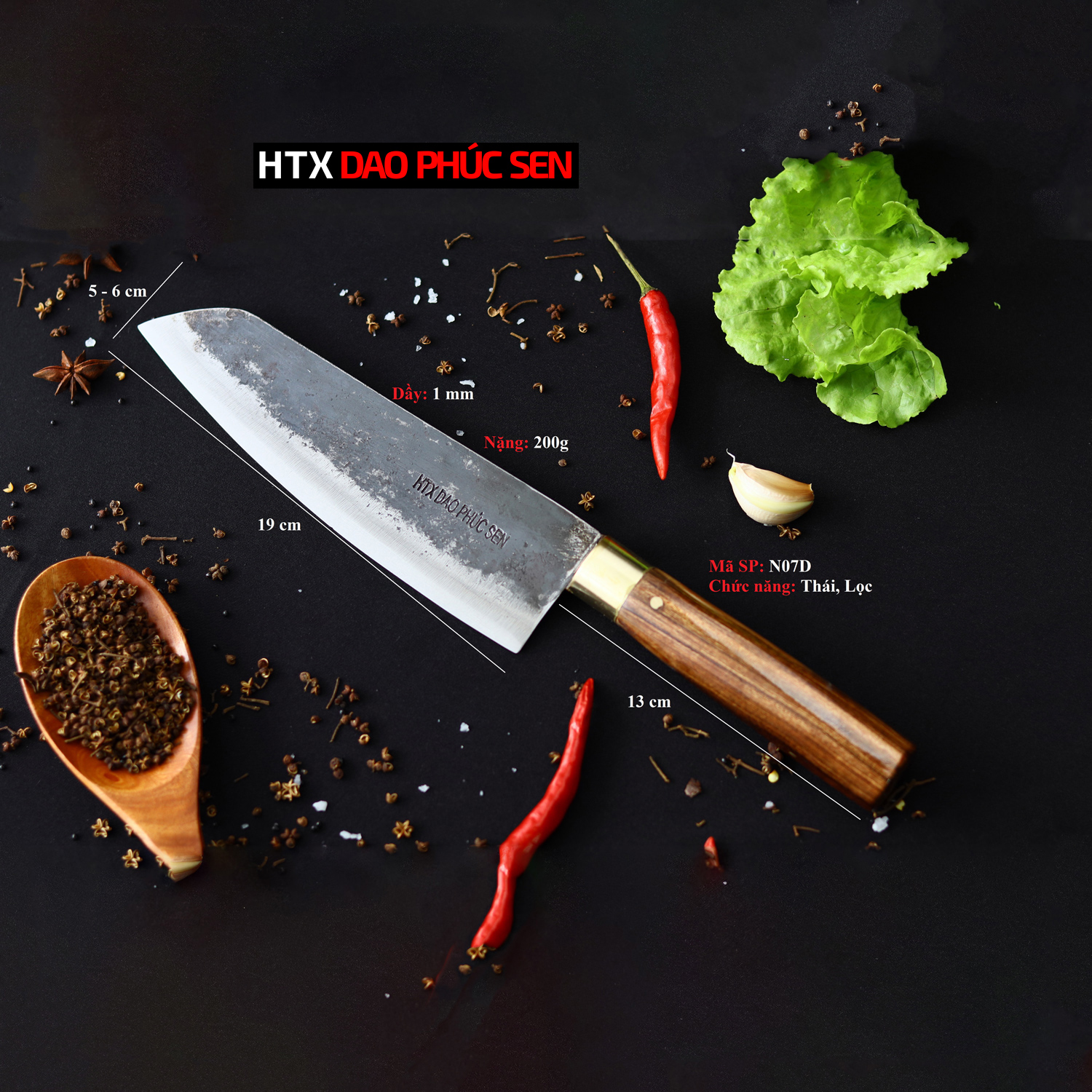Dao bếp thái thịt cá nhíp xe cán gỗ N07D