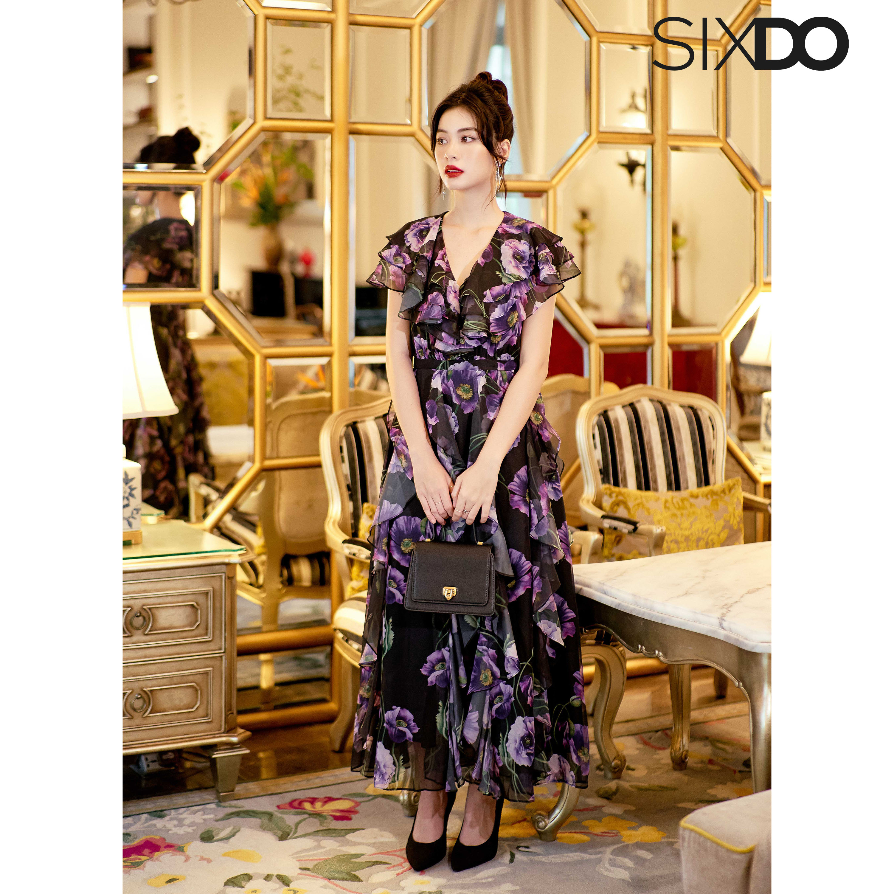 Đầm voan hoa poppy phối bèo cổ V SIXDO