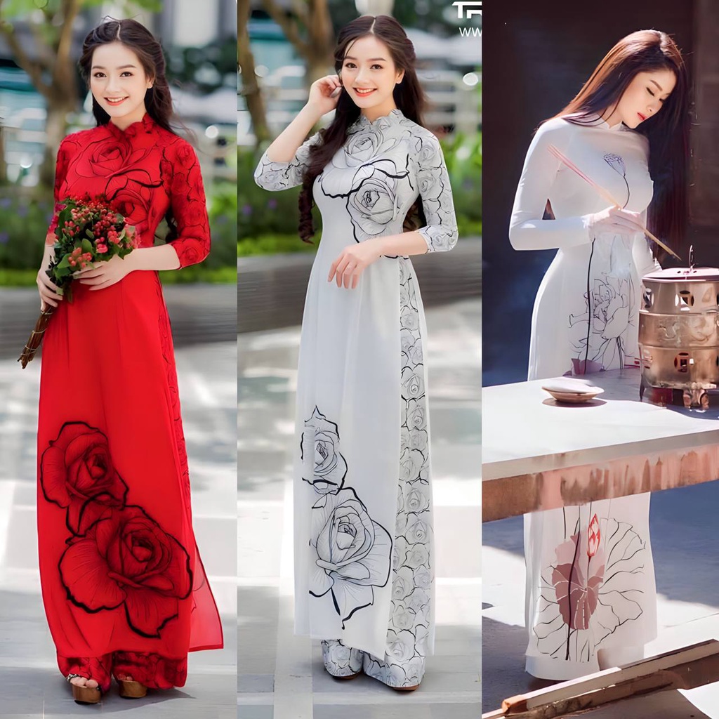 Set áo dài cách tân hoa nổi thêu 3d dáng dài có size to beyeu1688 - by2100