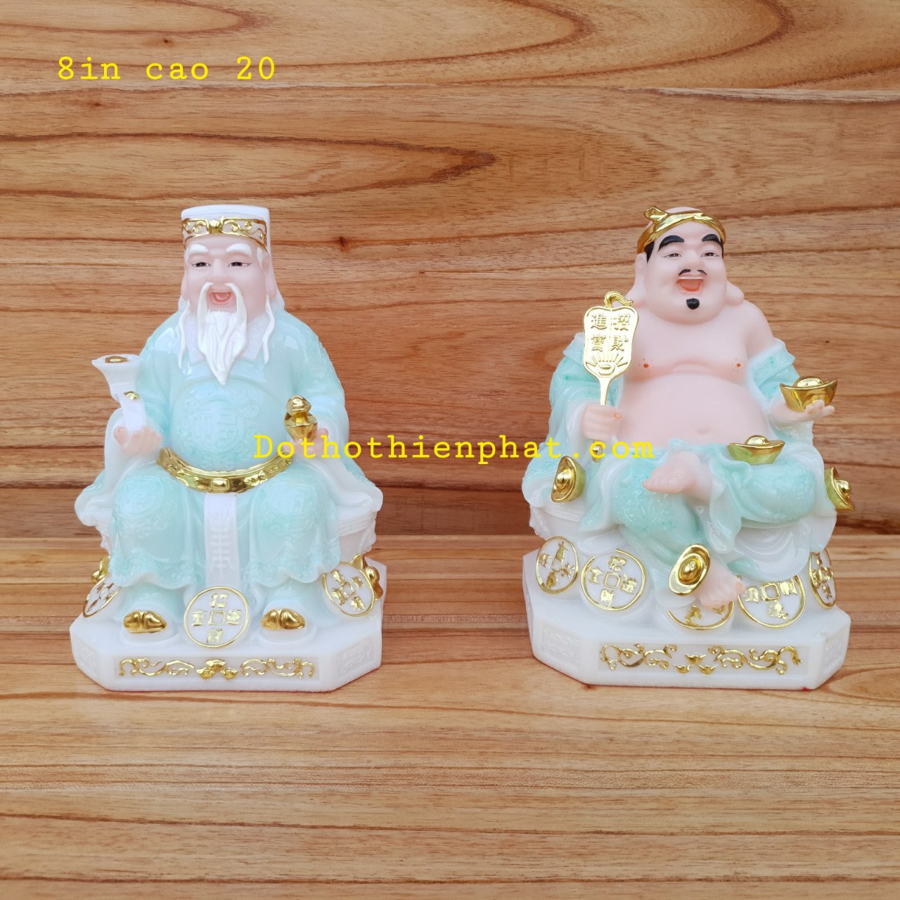 Cặp thần tài ông địa đá màu xanh da trời 8in cao 20 cm