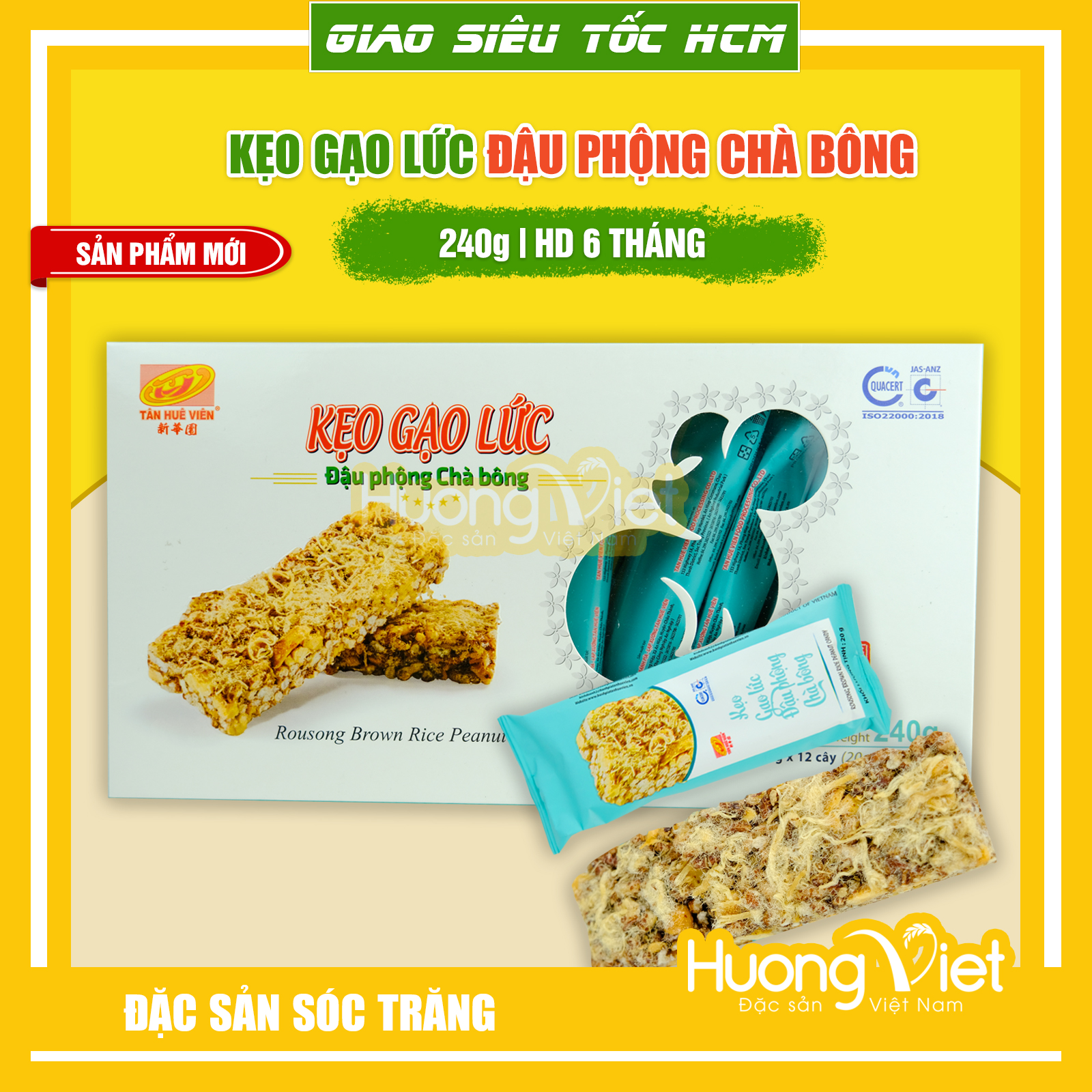 Thanh gạo lứt chà bông Tân Huê Viên 240g kẹo gạo lức đậu phộng chà bông (12 thanh x 20g)