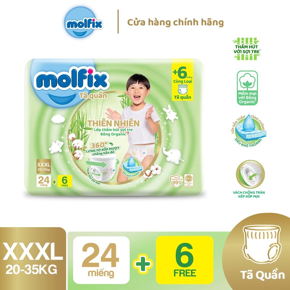 Tã/bỉm quần molfix thiên nhiên jumbo xxxl - gói 24+6 miếng