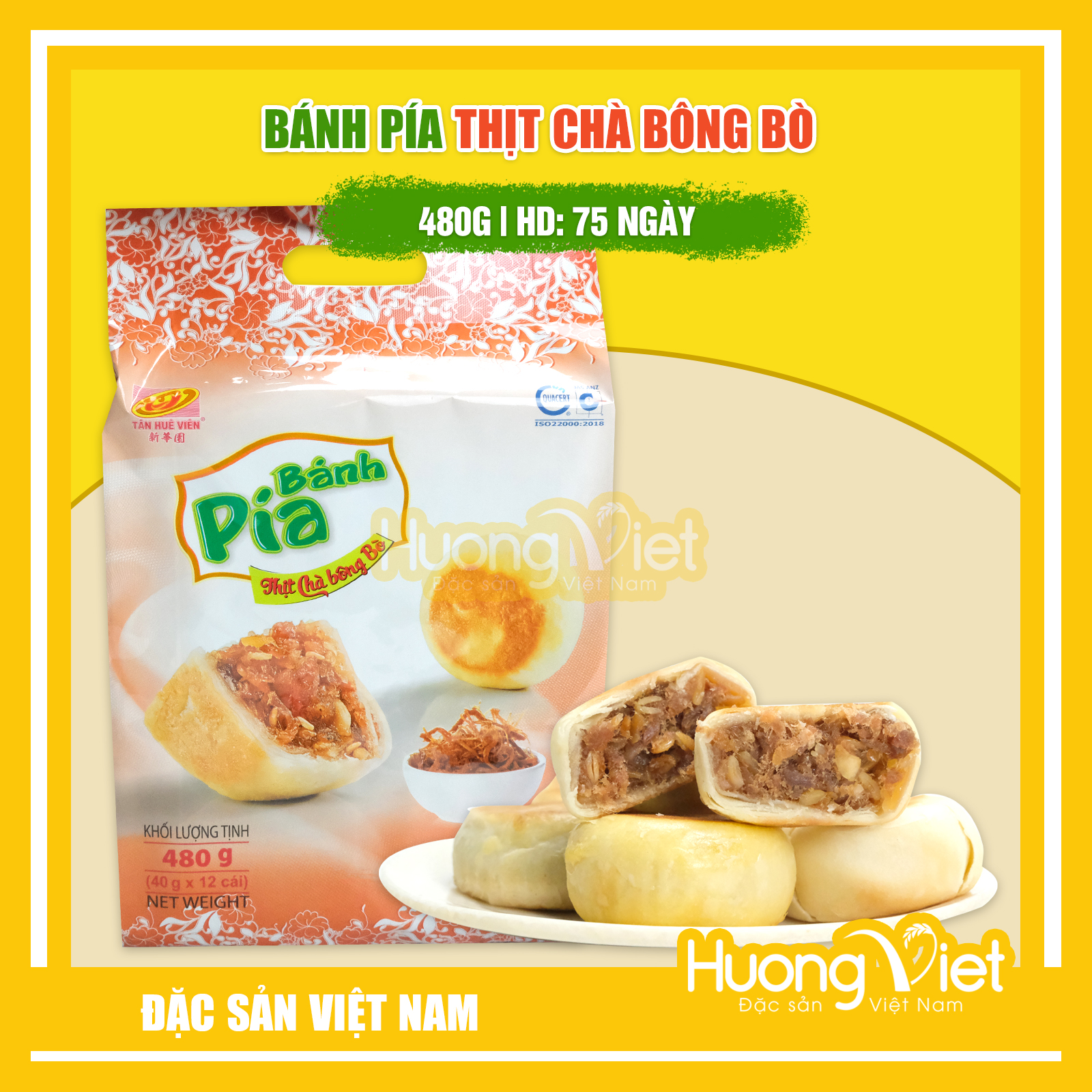 Bánh pía thịt chà bông bò Tân Huê Viên 12 bánh, bánh pía Sóc Trăng nhân mặn chính hãng Tân Huê Viên
