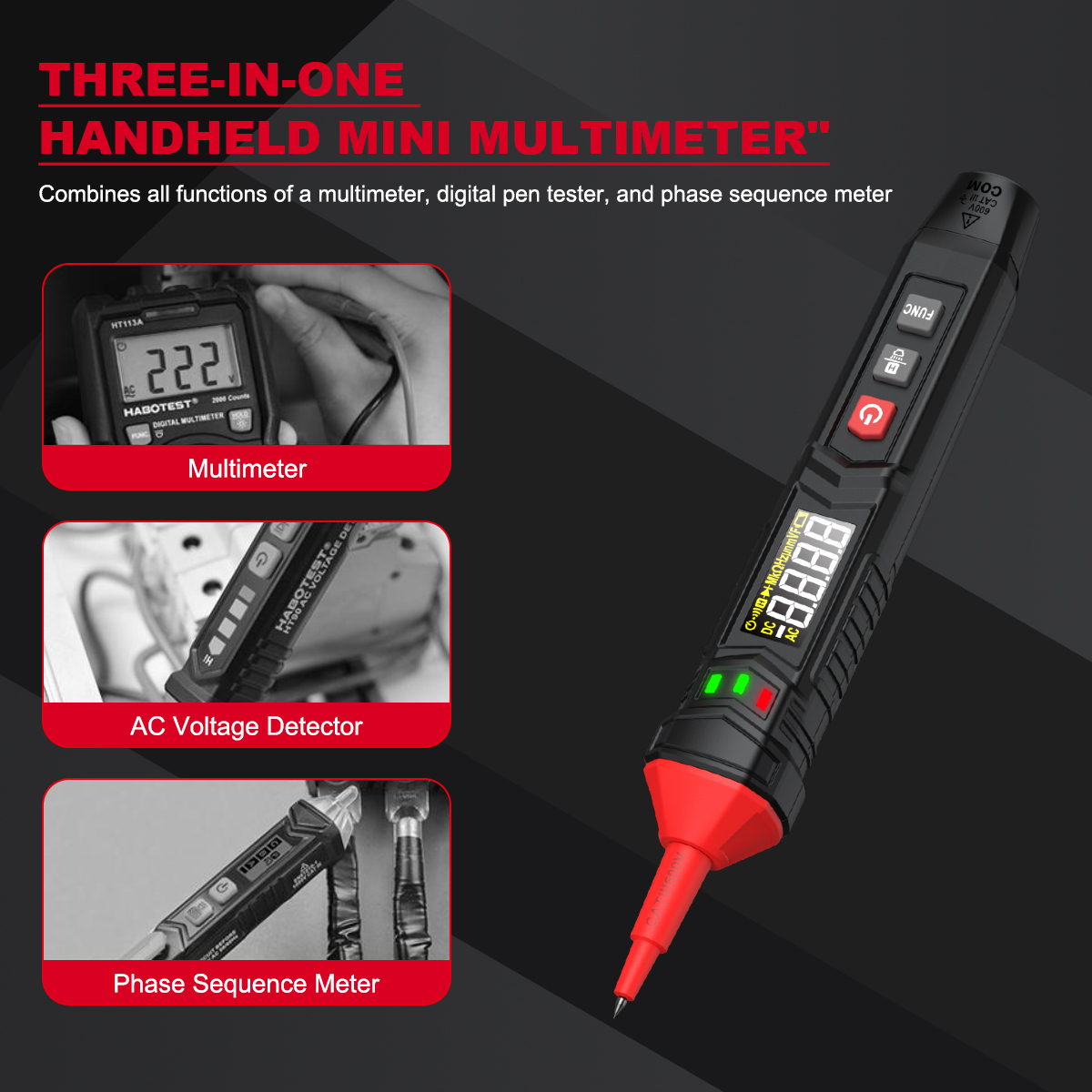 HABOTEST HT121 Kiểu bút Đa đo kỹ thuật số 600V DC / AC Máy kiểm tra điện áp True RMS 4000 Đếm Voltmeter NCV Dây trực tiếp & Phát hiện chuỗi pha