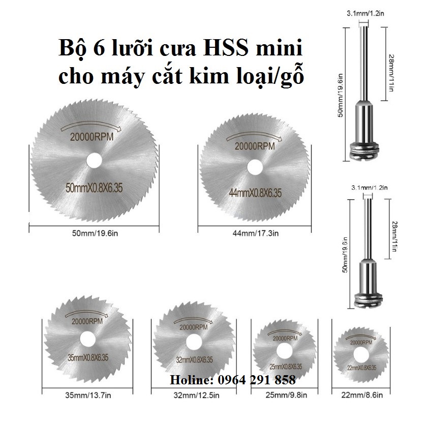 Lưỡi cưa gỗ mini cho máy khoan 6 đĩa cắt gỗ + 2 cán - đĩa cắt gỗ nhựa meca hay đĩa cắt răng