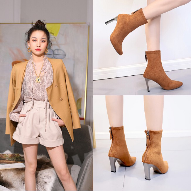 [HCM]Giày Boot Nữ Cổ Lửng Đế 8Cm Da Lộn Màu Da Bò GBMN-01B2
