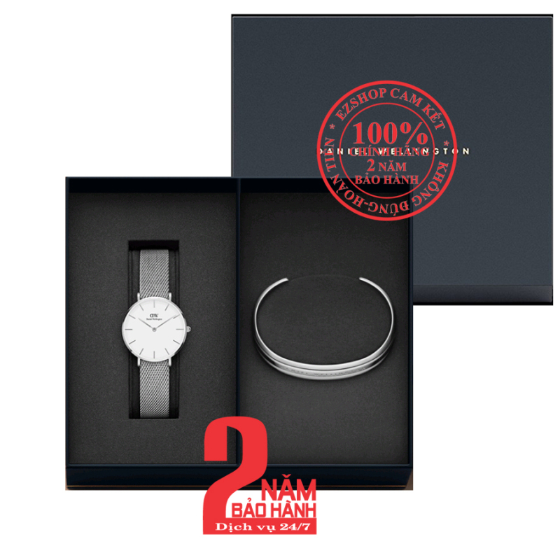 [mẫu mới] Hộp quà đồng hồ nữ DW Classic Petite Sterling 32mm (Mặt trắng) + Vòng tay DW Bracelet - màu bạc (Silver)- DW00500432