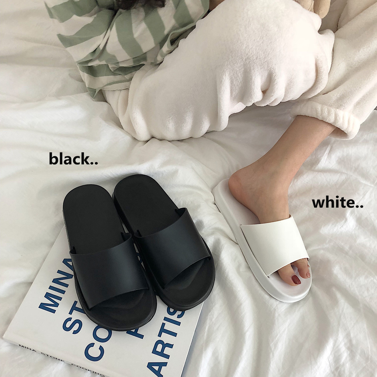 Dép lê quai ngang basic màu trơn Full đen, trắng