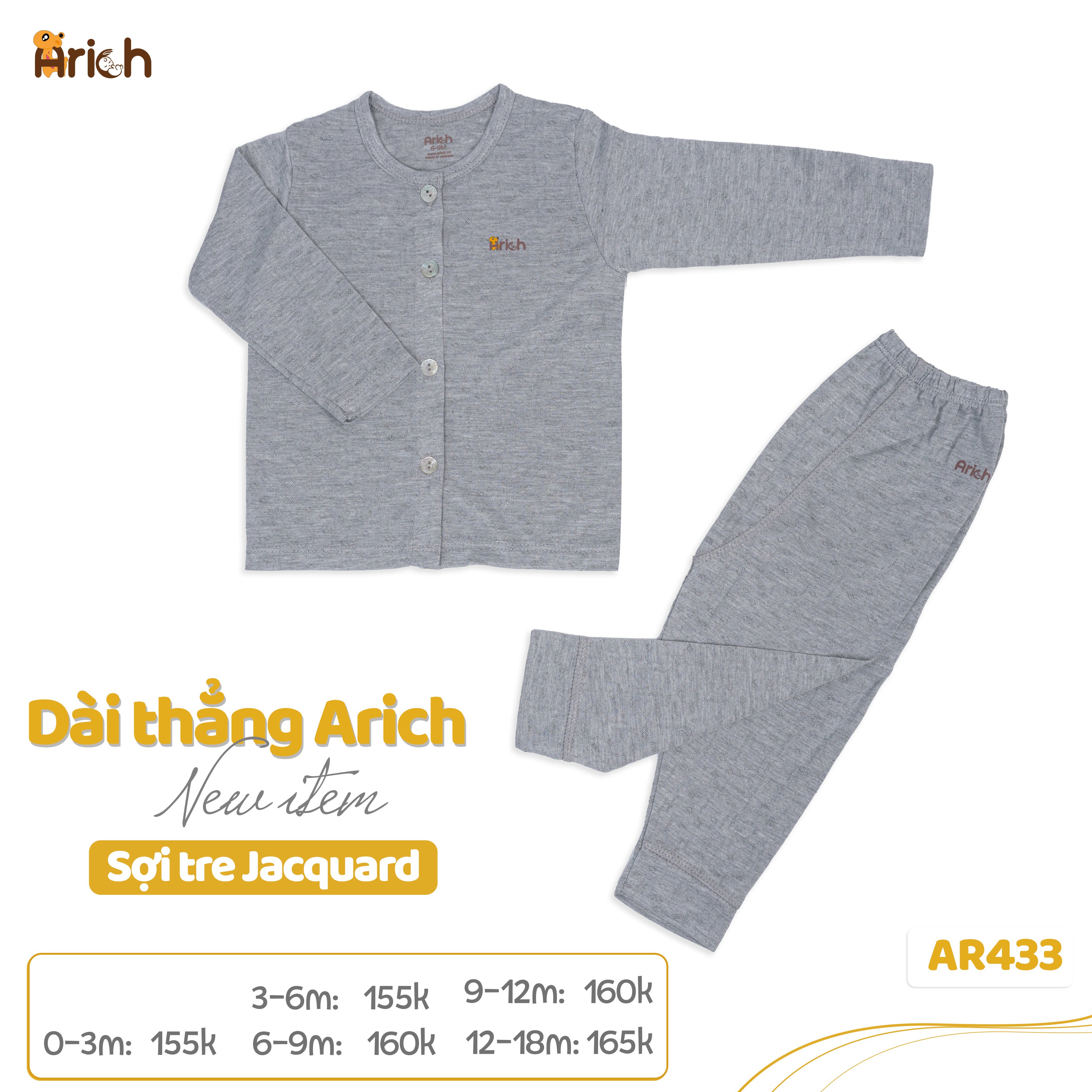 Bộ tay dài cài thẳng Arich vải sợi tre thông hơi cho bé sơ sinh đến 18 tháng