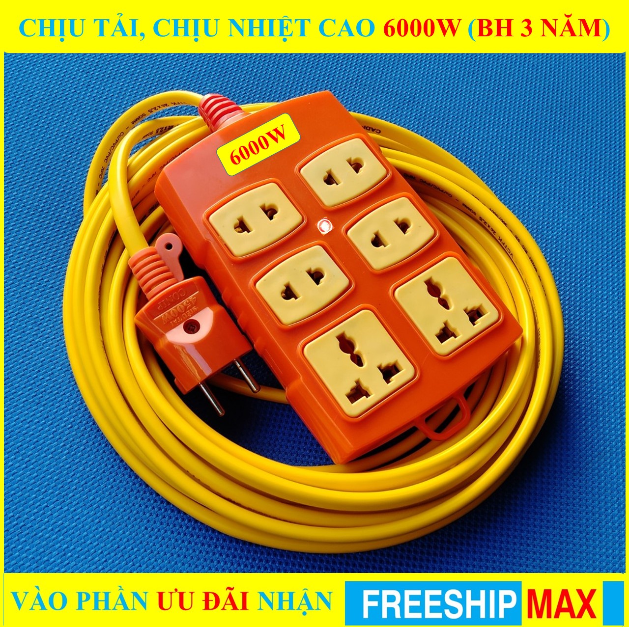 Ổ cắm điện chịu tải cao 6000W DÂY CADISUN chĩnh hãng (BH 3 NĂM) + Ổ cắm LÕI SỨ chịu tải, chịu nhiệt có lò xo đàn hồi cao cấp + Đèn LED báo (bộ 1 sản phẩm)