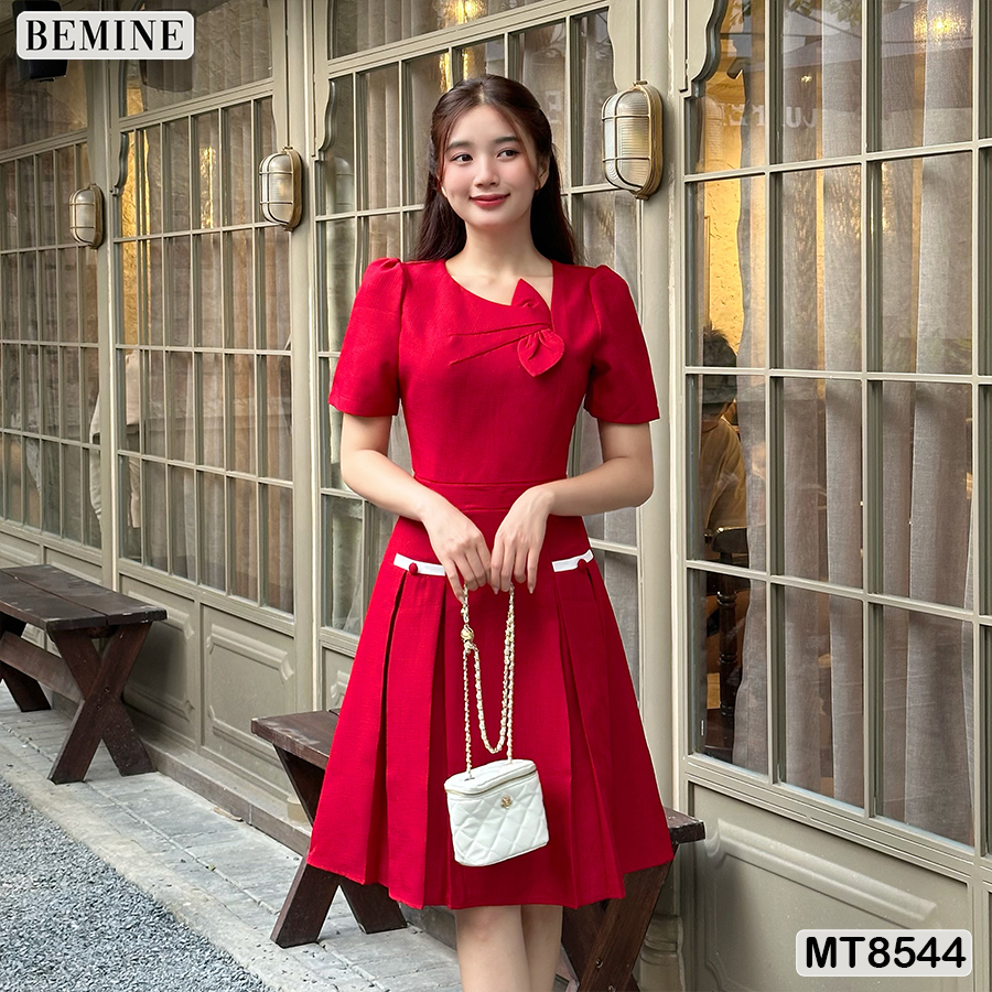 Đầm thiết kế cổ nơ tùng xếp ly bemine mt8544