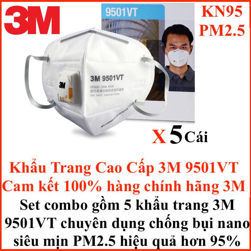 Combo set 5 Cái Khẩu trang 3M 9501VT KN95 hàng chuẩn loại 1, có một van thở, chống bụi sợi, bụi siêu mịn nano PM2.5 ô nhiễm ở các thành phố, mùi khói thuoc, bụi trong môi trường bụi xây dựng, bụi hàn cắt kim loại, virus cảm cúm