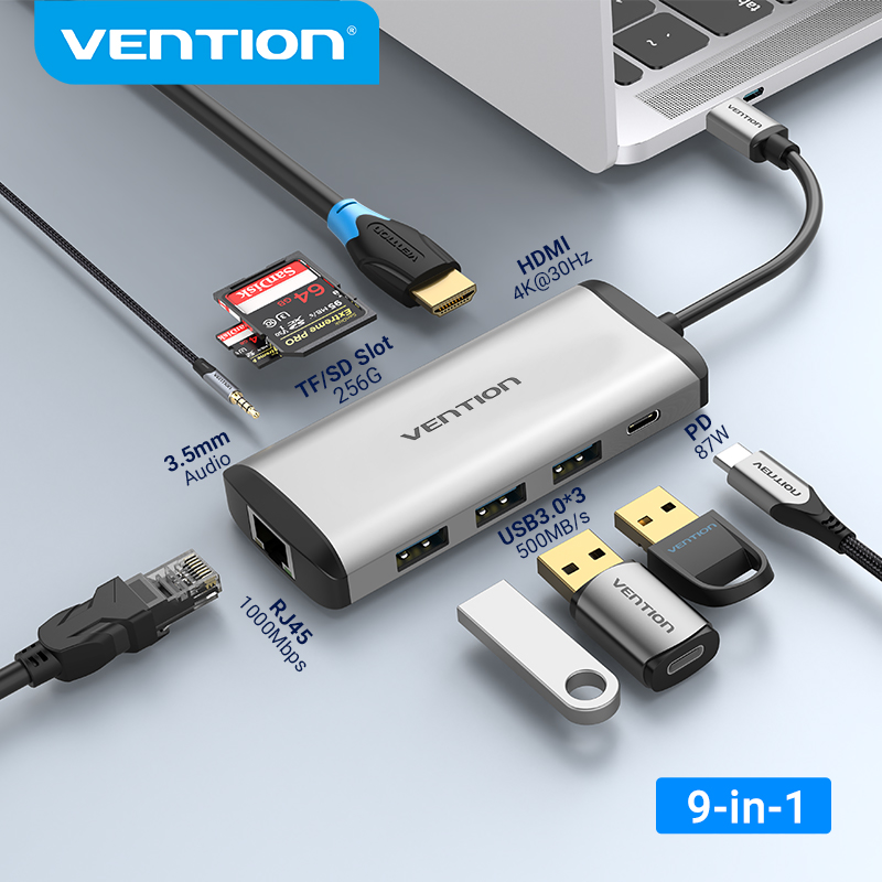 Vention Type C Hub USB C to HDMI USB 3.0 HUB Thunderbolt 3 Adapter to TF/SD 3.5mm RJ45 PD For MacBook Samsung S10/9 Huawei Mate 30 P30 Pro USB-C HUB