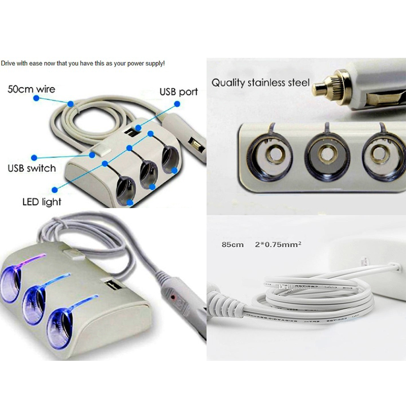 Bộ chia 3 tẩu và 2 cổng USB cho ô tô A30