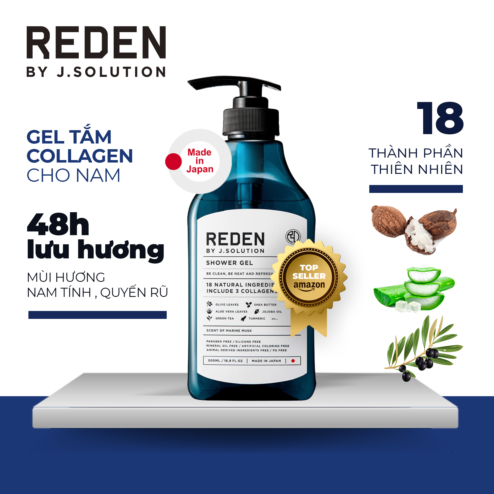 Combo bộ 3 "phải có" (dầu gội 500ml + gel tắm 500ml + xịt thơm quần áo 200ml) Nhật Bản REDEN by J.Solution