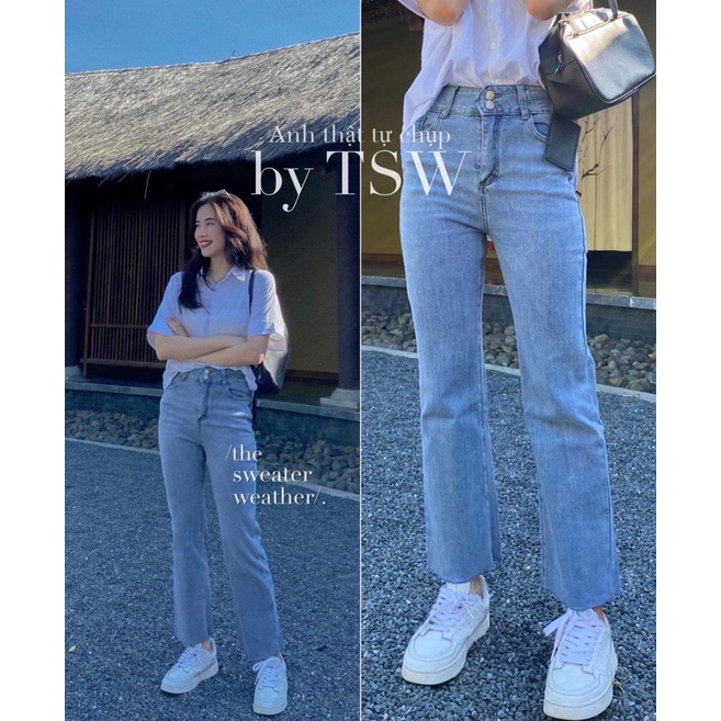 Quần jean nữ dáng suông 2 cúc quần bò ống đứng trơn dễ phôi đồ