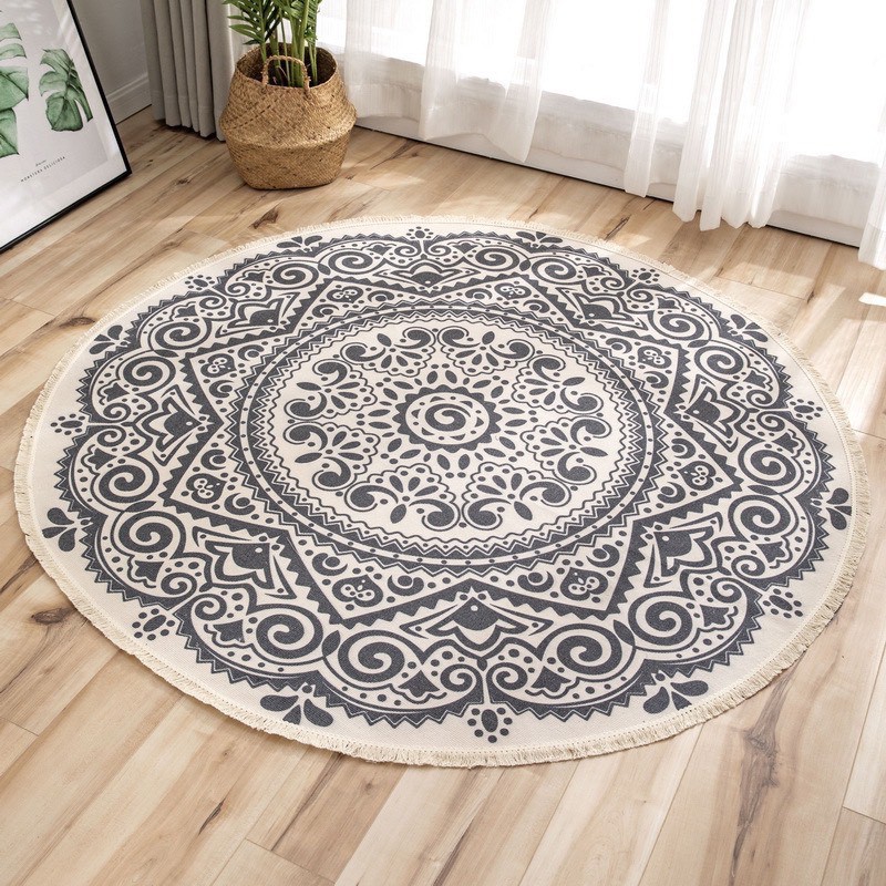 [GIÁ SỐC]Thảm Canvas Tròn Tua Rua Scadivian Thổ Cẩm -Decor trang trí phòng ,nhà cửa vintage