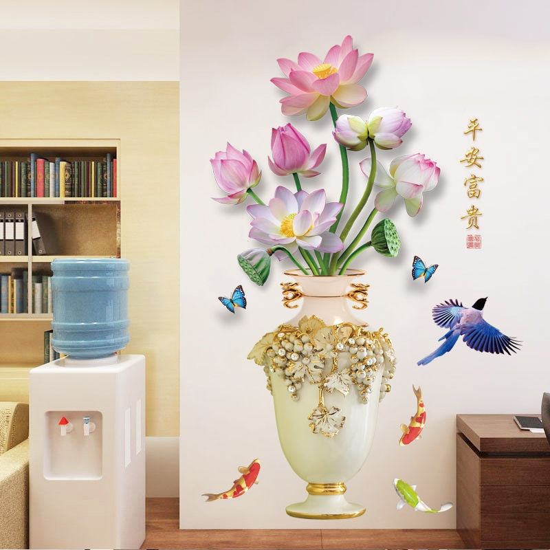 Decal dán tường sẵn keo dán bình hoa sen đẹp
