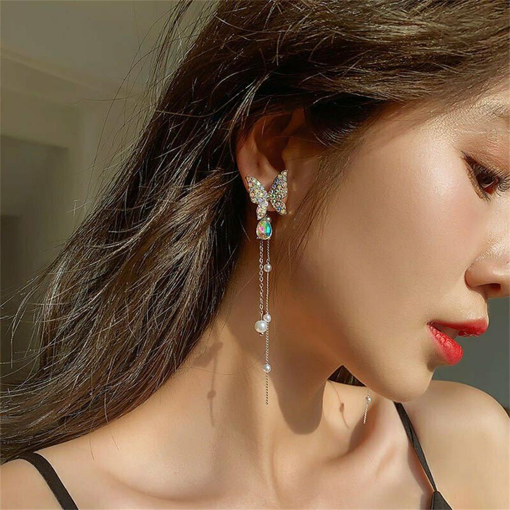 Bông tai thả đính ngọc trai hình bướm dễ thương dành cho nữ