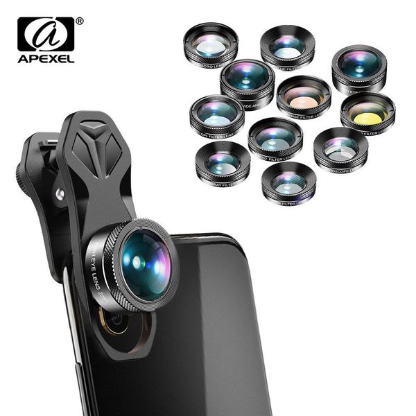 Bộ ống kính lens camera Apexel 11in1 APL DG1 cho điện thoại  -  Lens góc rông, macro, mắt cá, kính lọc fillter