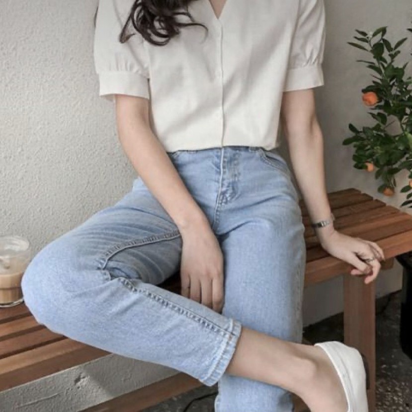 Quần Bò Nữ Dáng Baggy Cạp Lưng Cao Trơn