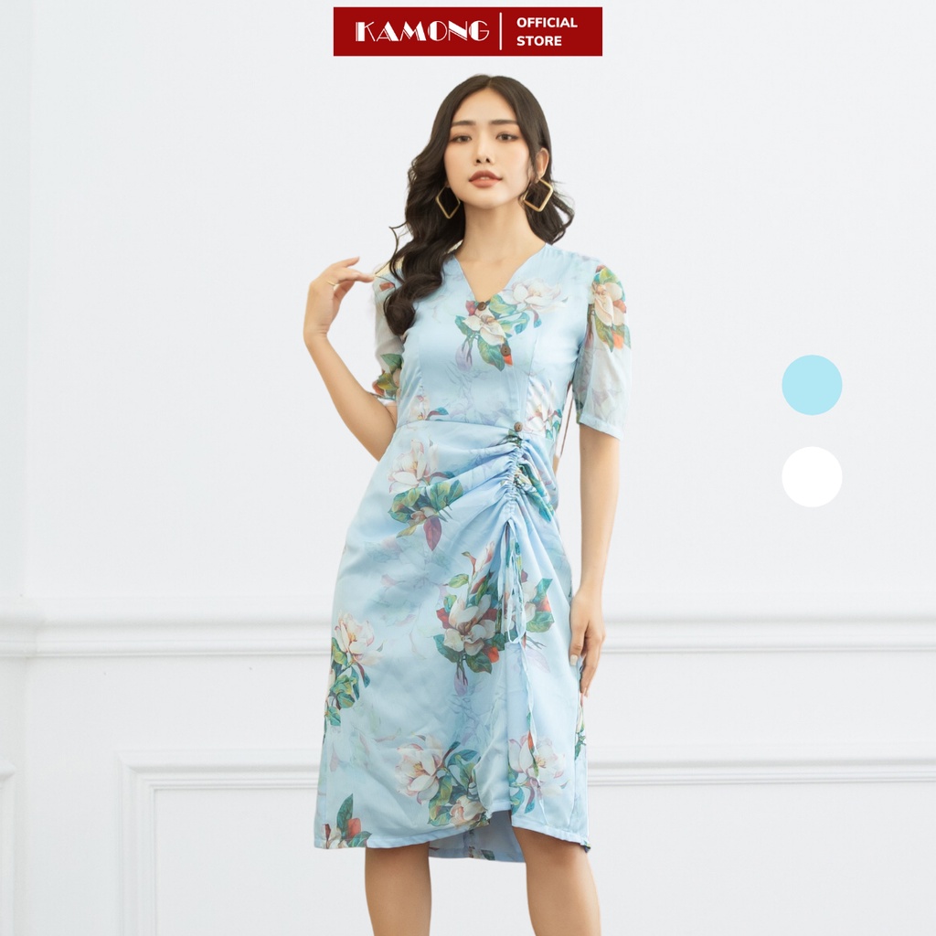 Đầm nữ voan hoa vạt chéo rút dây tùng kamong d142