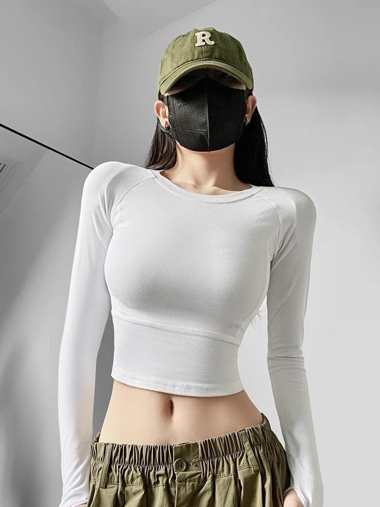 Áo croptop tay dài cổ tròn nữ basic ôm body